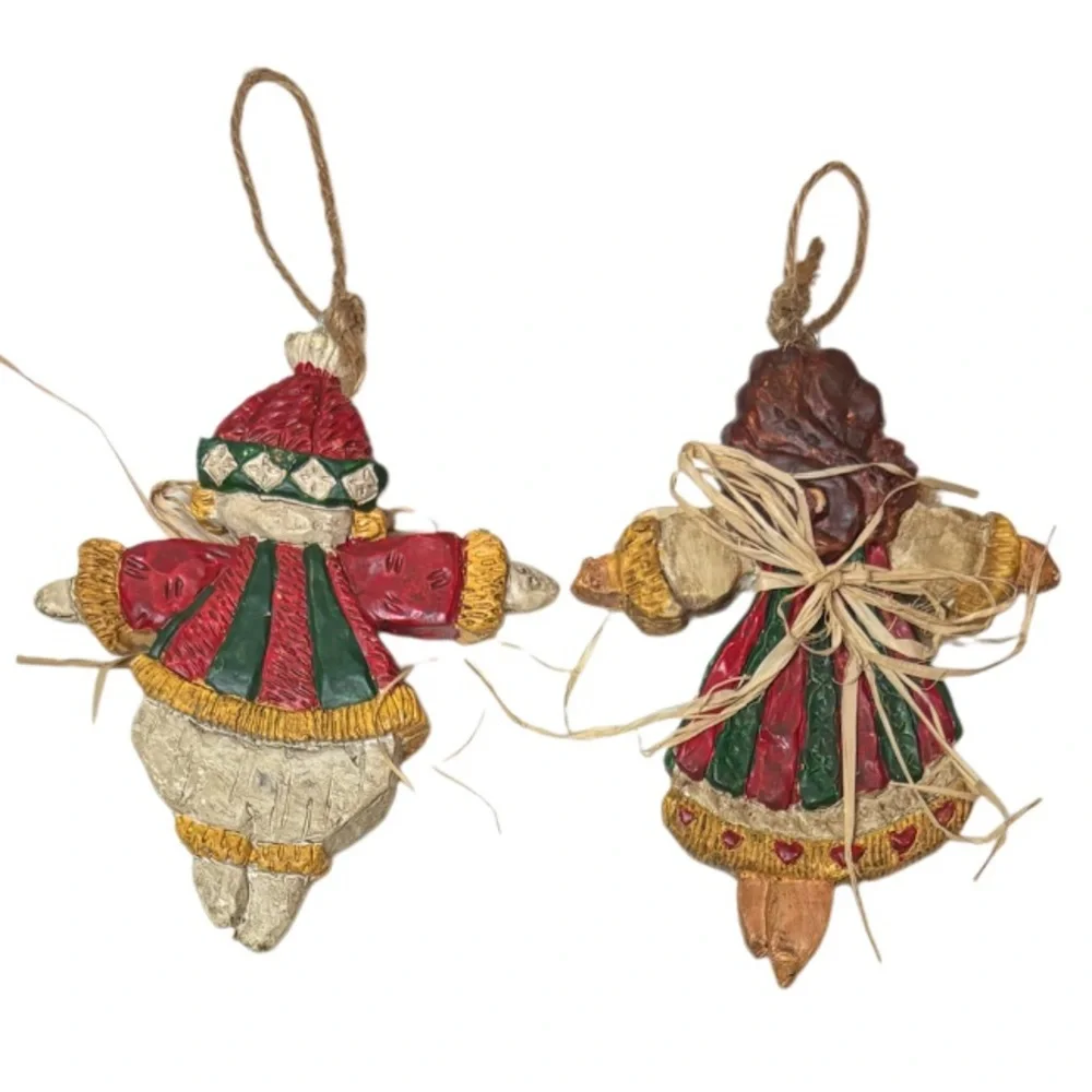 Whimsical Christmas Ornaments Hand Crafted Vintage Snowman Angel 2 Pc Set Red